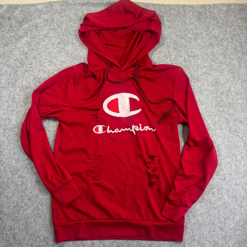 Champion Mens Distressed Logo Pullover Hoodie Size M Red Slashed Streetwear